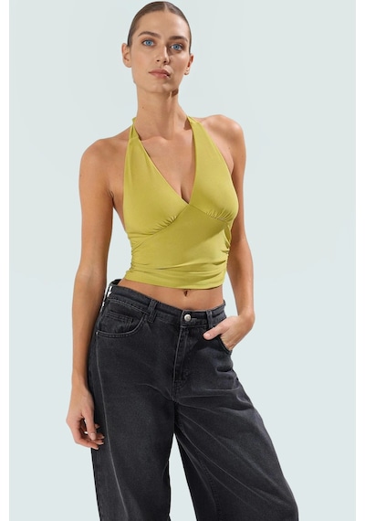 Ersefa Vücuda Oturan Boyundan Bağlamalı Crop Bluz Polyester Elastan Sand Yağ Yeşil