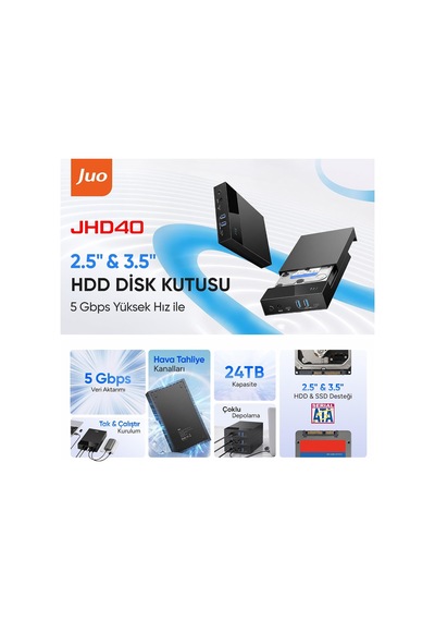 Jhd40 2.5" Ve 3.5" İnç Sata Hdd Ssd Harici Disk Kutusu, Usb 3.1 Type-c 5gbps, 3 Port Usb Hub, 24tb Destekli