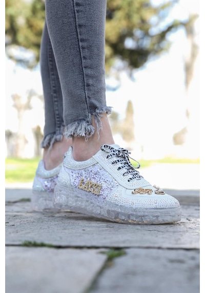 Astra Taşlı Desenli Şeffaf Taban Beyaz Renkli Kadın Sneaker-beyaz Beyaz