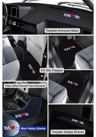 Tofaş Şahin Doğan Kartal 5 Parça Oto Halı Paspas + Torpido & Konsol Koruma Seti Mavi Kenar Nakışlı