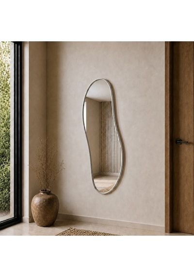Modern Organik Form Banyo Aynası 40x120 Cm Asimetrik Minimalist Dekoratif Duvar Aynası Gümüş
