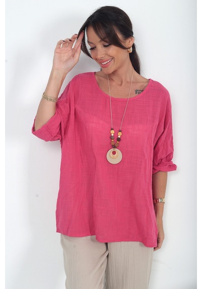 By Saygı Kadın İtalyan Coton Oversize Bluz Koyu Pembe