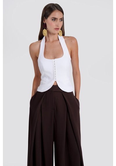 Thalure Kadın Beyaz Halter Yaka Crop Yelek