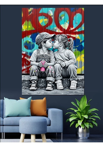 İlk Aşk Ve Duvar Grafiti Dekoratif Kanvas - Mdf Ahşap Tablo