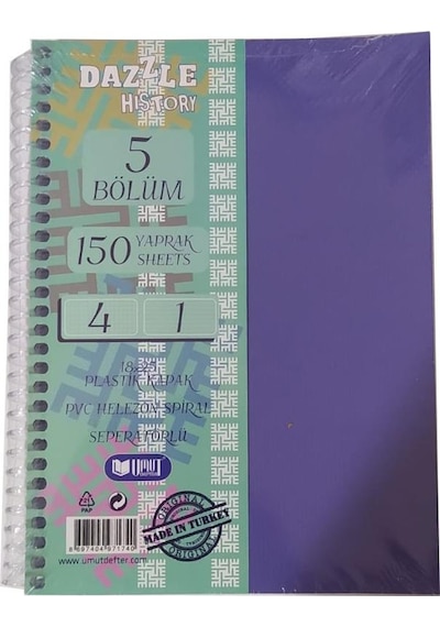 Orta Boy 4+1 Ayraçlı Defter 5 Konulu 150 Yaprak 1 Adet 4 Kareli 1 Çizgili Spralli Plastik Kapak Seperatörlü 18x25 Cm Lila