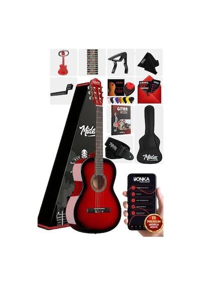 Midex Cg-36rd Kaliteli 36 İnç 3/4 Juniur Çocuk Gitarı 8-12 Yaş Arası Çanta Askı Capo Nota Sticker Pena Metod
