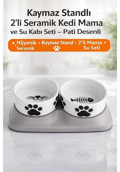 Premium Yükseltilmiş İkili Seramik Kedi Mama Ve Su Kabı