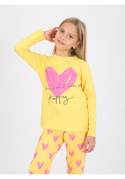 Kız Çocuk Uzun Kollu %100 Pamuklu Pijama Takımı Happy Heart Sarı Sarı