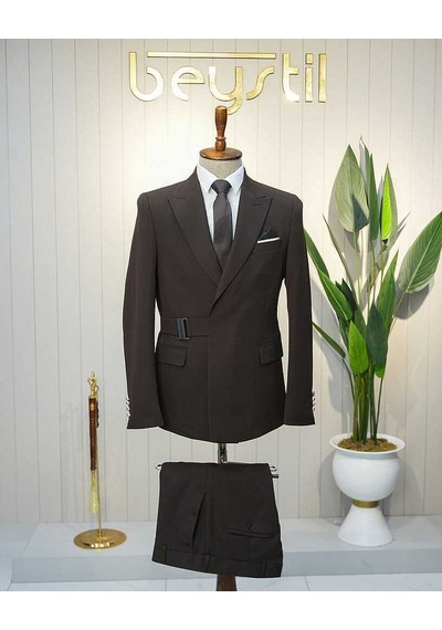 Bys Beystil Erkek Kahve Slimfit Beli Tokalı Takım Elbise