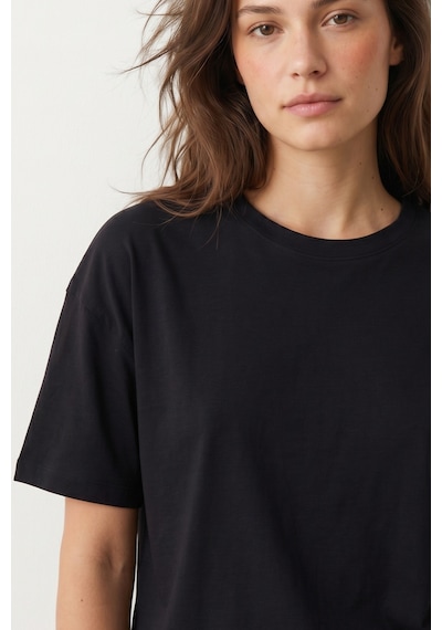 Elemge Pamuk Süprem Tok Kumaş Kadın Boxy Fit Siyah T-shirt Bol Kesim Düşük Omuzlu Bisiklet Yaka Oversize Tişört