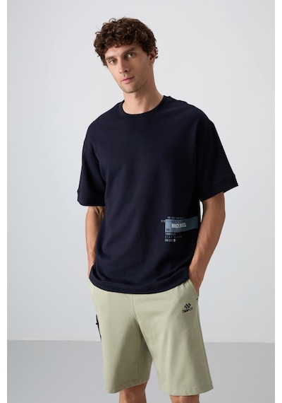 Tommy Life Lacivert Pamuklu Kalın Yumuşak Dokulu Oversize Fit Baskılı Erkek T-shirt - 88322 Lacivert