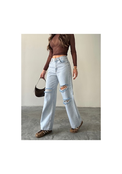 Blue Marlın Çift Diz Lazer Yırtık Boyfriend Bol Paça Jeans Taş