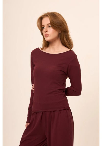 Zoor Ultra Soft Penye Modal Kayık Yaka Bluz Bordo