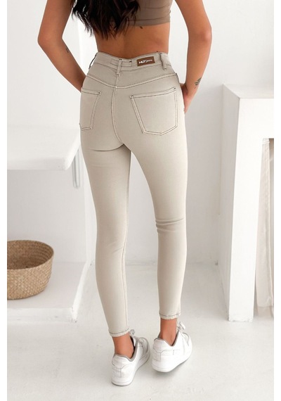 HLT Jeans Kadın Taş Renk Süper Skinny Fit Koyu İplik Detaylı Esnek Likralı Yüksek Bel Jean Kot Pan Jennie-2008 Krem