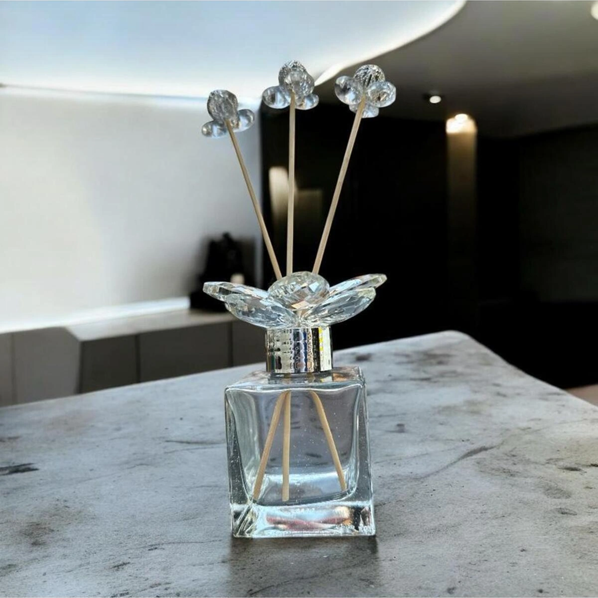 Dekoratif Kristal Cam Oda Koku Şişesi Şeffaf Sade- Gümüş
