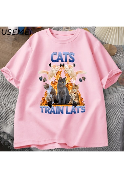 Flood Of Style Kedi Tren Lats Graphci T Shirt Komik Spor Adam Giysileri Tshirt Boy Rahat Pamuk Kısa Kollu Ti Pembe