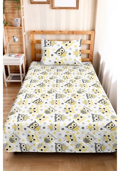 Evimde Bambaşka Sarı Gri Baykuş Çocuk Odası Tek Kişilik Pike Takımı-sevimli Modern 160x220  CM Kapitone Yatak Örtüsü