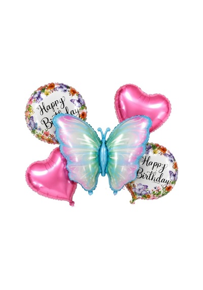 5 Li Kelebek Temalı Happy Birthday Folyo Balon Seti Pembe Kalp Ve Çiçek Desenli Parti Süsü