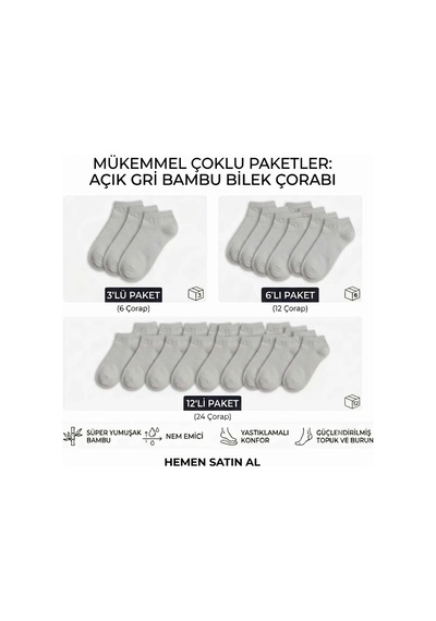 Womanandkids Wak Kadın Bambu Patik Çorap 6'lı Nefes Alan Nem Emici Yumuşak, Siyah Beyaz Gri