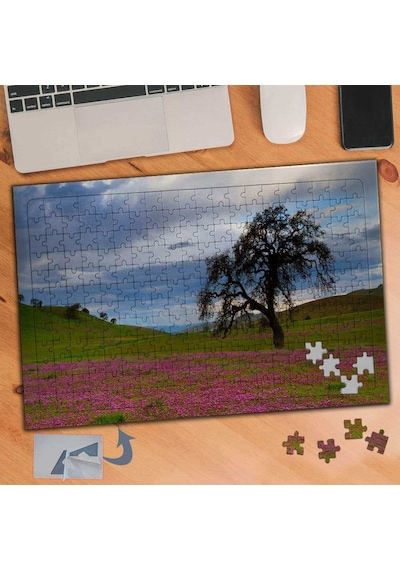 Pembe Çiçekli Çimenler, Ağaç 240 Parça Puzzle Yapboz Tablo-442