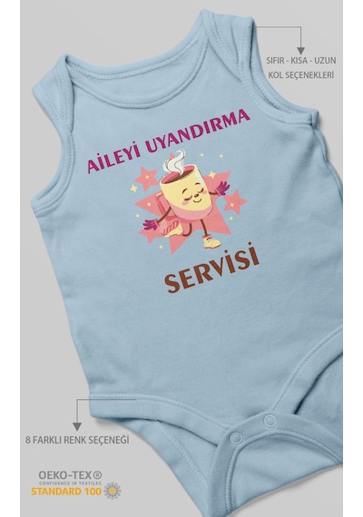 Aileyi Uyandırma Servisi Baskılı Bebek Zıbını Çıtçıtlı Body %100 Pamuk Sıfır Kol Bebe Mavisi