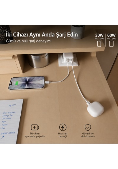 Sbs Flexi 20w Gan Katlanabilir Hızlı Şarj Adaptörü Usb-c Pd 20w + Usb-a Afc 18w Çift Çıkış Beyaz