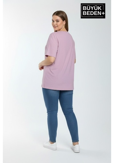 Superlife Kadın Büyük Beden Ar Baskılı 3xl-6xl Bisiklet Yaka Tshırt Spr26btsk510-1 Lila
