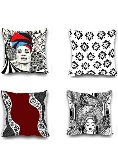 Kırlent Kılıfı 4lu Dijital Baskılı Afro Woman Desen Baskılı Renkl
