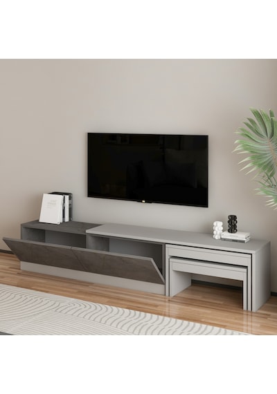 Nest Tv Sehpası Modern Tasarım,2 Kapaklı Depolama Ve İkili Zigon Sehpa İle Fonksiyonel Mobilya Gri Nest Tv Sehpası Modern Tasarım,2 Kapaklı Depolama Ve İkili Zigon Sehpa İle Fonksiyonel Mobilya Gri