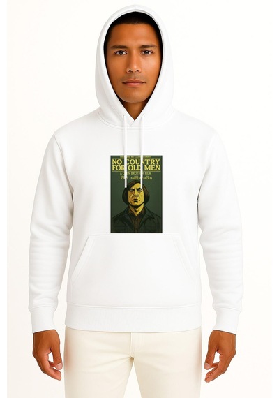 Bahriyeli Collection Kapüşonlu No Country For Old Men Göğüs Tasarımlı Unisex Sweatshirt Beyaz