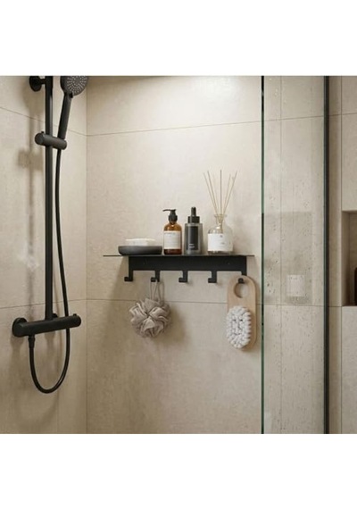 Yapışkanlı Metal Banyo Rafı 5 Kancalı Duvar Rafı Organizer Dekoratif Raf Siyah Paslanmaz Duvar Rafı Havluluk Askılık Banyo Mutfak Çok Amaçlı Raf Diğer