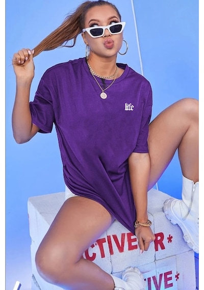 Unisex Life Baskılı T-shirt Mor