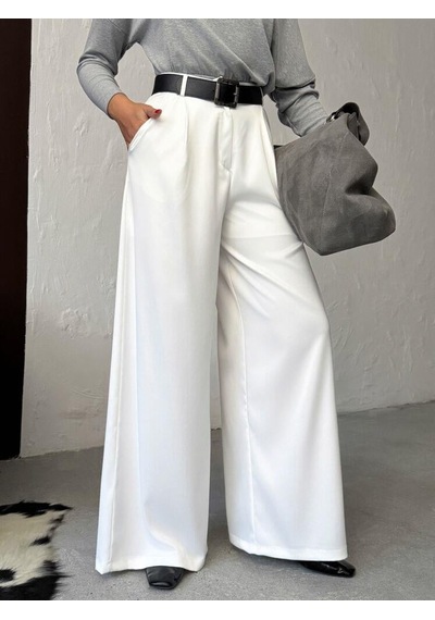 Ckm Moda Lune Yüksek Bel Bol Paça Saten Pantolon Krem