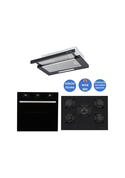 Eminçelik Ve Afm Olena FM7600 - 22385 WOK - AS 1320 B60 Siyah 3'lü Ankastre Set