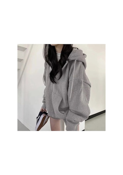 Tarzsokak Özel Tasarım Kapüşonlu Tam Fermuarlı Kalın Kışlık Süper Oversize Kadın Ceket-sweats Gri