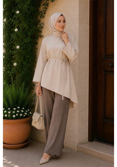 Maşuka Asimetrik Kesim Belden Bağlamalı Bol Kollu Kadın Tunik & Bluz - Şık Ve Modern Tasarım Krem Krem Maşuka Asimetrik Kesim Belden Bağlamalı Bol Kollu Kadın Tunik & Bluz - Şık Ve Modern Tasarım Krem Krem