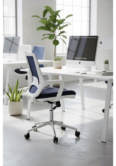 Ofisbazaar Buya Beyaz Fileli Çalışma Koltuğu Ergonomik Şef Ve Toplantı Koltuğu Lacivert Lacivert