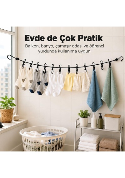 Sogud Çamaşır Asma İpi, 12 Mandallı Portatif Seyahat Çamaşır İpi, Taşınabilir Elastik Kurutma Askısı, Kamp Diğer