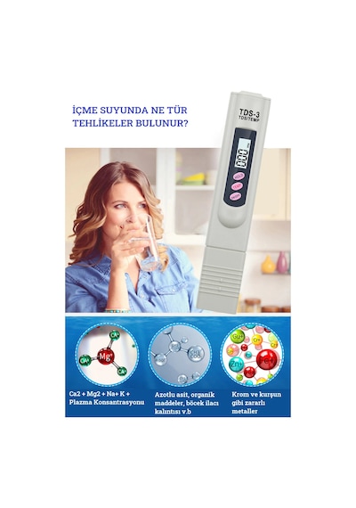 TDS Metre Su Kalite Test Ölçüm Cihazı Saflık Ölçer Pil+Deri Kılıf