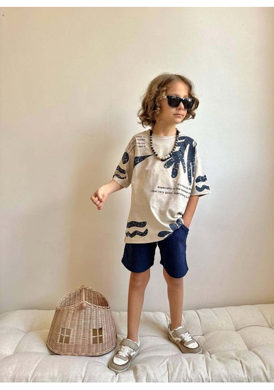 Miniko Kids Erkek Çocuk Kaktüs Desenli Müslin Şortlu Pamuk Takım Ekru