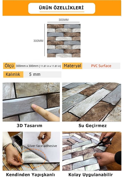 Technosmart 10adet 30x30cm 3d Kendinden Yapışkanlı Duvar Kaplama Su Geçirmez Dekorasyon Mutfak Banyo