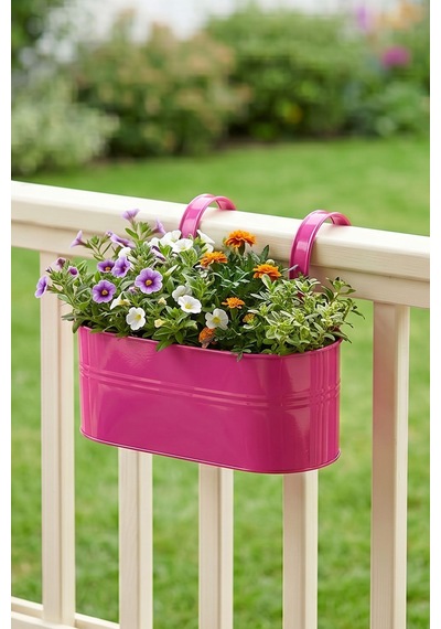 Askılı Metal Elips Saksı - Sökülebilir Askılı Balkon Saksılık Ve Çiçeklik 7 Litre Pembe