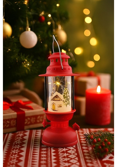 Yılbaşı Ledli Fener 14 Cm - Kırmızı Işık Gaz Lambası Desenli Dekoratif Masa Ve Ağaç Süsü Diğer