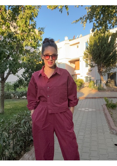 Ali Butik Bordo Crop Gömlekli Pamuklu Takım