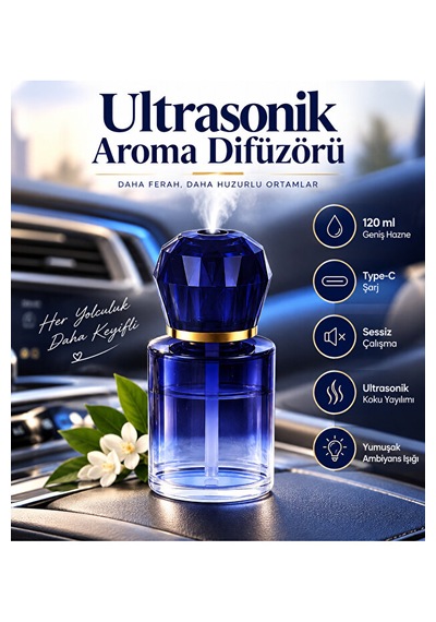 Araç Koku Makinesi 120 Ml Ultrasonik Aroma Difüzörü Type-c Şarjlı Ambiyans Işıklı 001
