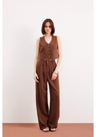 DeFacto Wide Leg Fermuarlı Normal Bel Standart Boy Geniş Paça Keten Karışımlı Palazzo Pantolon E6210AX25SPBN254