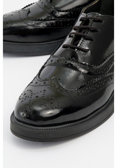Luvishoes Avra Siyah Rugan Hakiki Deri Kadın Oxford Ayakkabı Siyah-Rugan