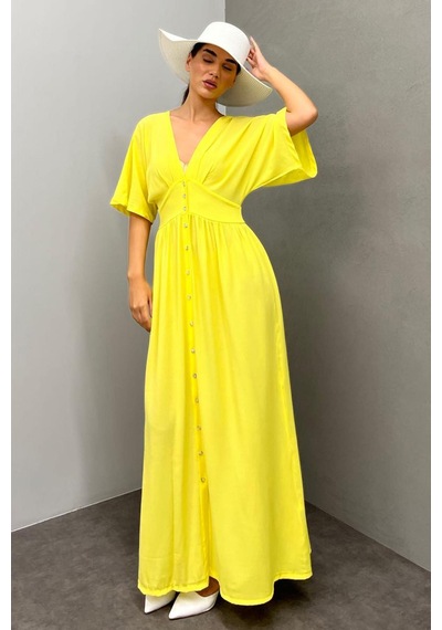 Madmext Sarı V Yaka Düğmeli Elbise Mg2339 Sarı
