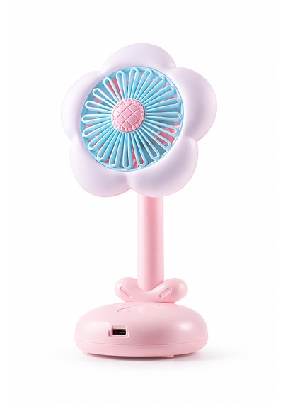 Işıklı Çiçek Tasarımlı Mini Fan Mavi 3 Kademeli Masaüstü Vantilatör Pembe