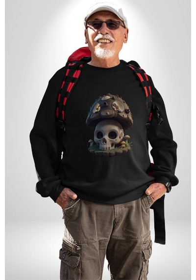 Kurukafa Mantar Ev Unisex Siyah Baskılı Sweatshirt Siyah